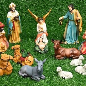 KariGhar Resin Nativity/Crib Idols Set Of 15 Pieces [Pack - Mary, Joseph, Baby Jesus, Angel, 3 Wise Men, The Shepherd, 7 Animals], Multicolour, 5 Inch Set, A0095