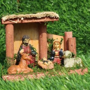 Salvus APP SOLUTIONS Handmade Wood Hut Nativity Set with Marble Powder Mary, Joseph, Baby Jesus, Lamb and Horse/Crib Set, Christmas Decor- 12.5 x 5.5 x 9.5 cm